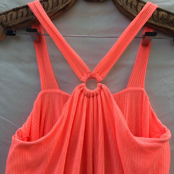 Free People Neon Coral Crop Top Ring Halter Front Retro 70's Medium - Picture 4 of 9